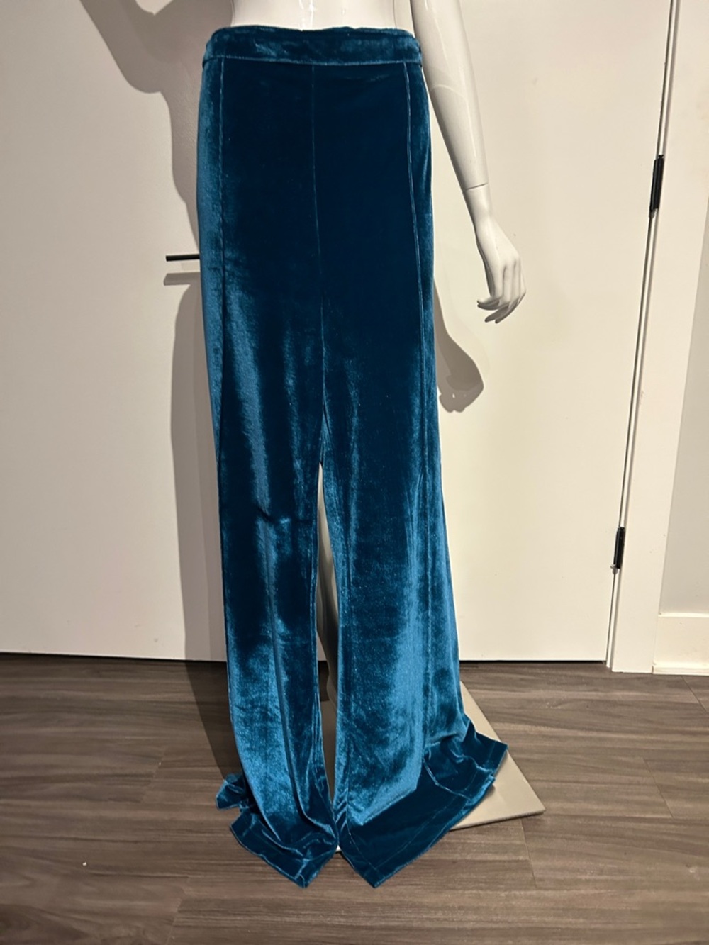 Teal Velvet Wide-Leg Pants. Side zipper, tall with stretch